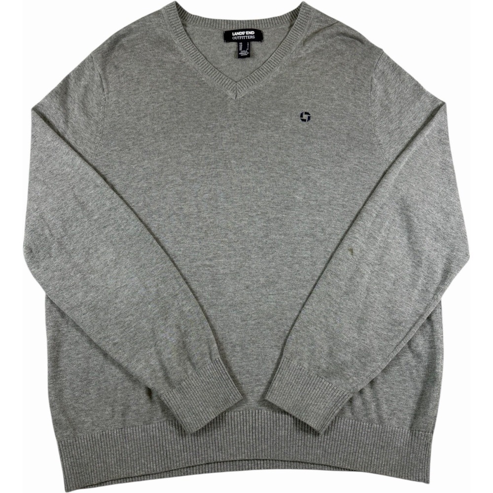 Lands End Outfitters Sweater Mens XL Gray V Neck Cotton Pullover Business Casual